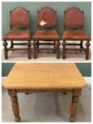 ANTIQUE OAK WIND-OUT DINING TABLE on reeded and turned supports, 70cms H, 108cms W, 108cms D and six