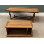 VINTAGE OAK OBLONG COFFEE TABLE with retro design stretcher, 56cms H, 155cms W, 70cms D and an