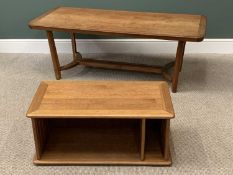 VINTAGE OAK OBLONG COFFEE TABLE with retro design stretcher, 56cms H, 155cms W, 70cms D and an