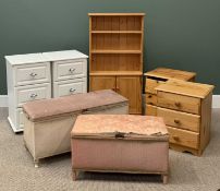 FURNITURE ASSORTMENT to include loom type ottomans (2), pine bookcase with base cupboard doors,