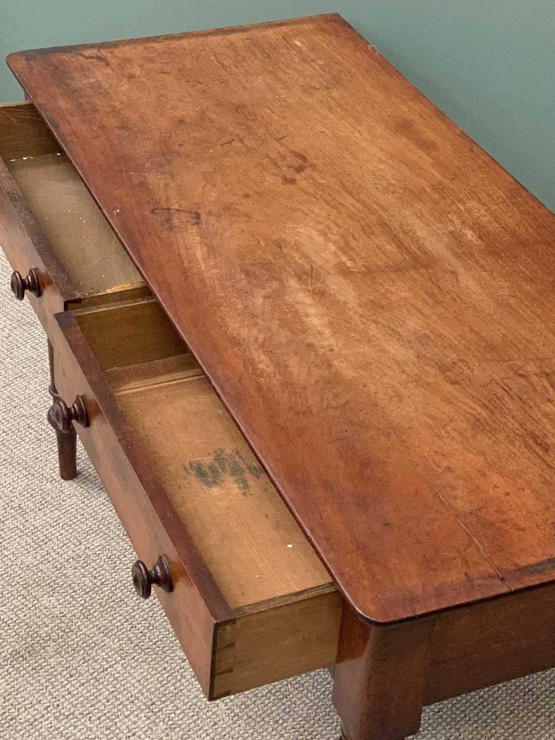 VICTORIAN MAHOGANY WRITING TABLE with two drawers, on turned supports, 78cms H, 120cms W, 55cms D - Image 2 of 3