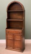 DUTCH TYPE DRESSER with arched top and single drawer over two cupboard doors, a narrow example,