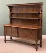 OAK REPRODUCTION DRESSER, the upper section having a two shelf rack with panelled back, the base