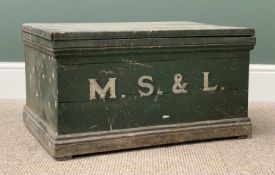 VINTAGE PINE CHEST - painted green and initialled "M.S. & L.", 36cms H, 67cms W, 45cms D