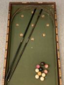 VINTAGE BAGATELLE/BILLIARDS GAME with baize top, balls and cues, labelled "Mead & Company, 73