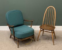 VINTAGE ERCOL ARMCHAIR, 77cms H, 70cms W, 66cms D and a dining chair, 97cms H, 42cms W, 38cms D