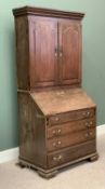 GEORGIAN OAK BUREAU BOOKCASE, the upper section with raised panelled doors and the base having