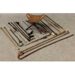 STICK & RIDING CROP ASSORTMENT, a shooting stick and a leather topped folding portable chair