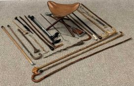 STICK & RIDING CROP ASSORTMENT, a shooting stick and a leather topped folding portable chair