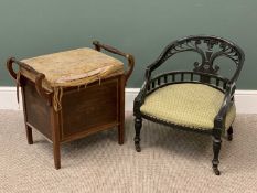 VINTAGE FURNITURE (2) - a tapestry topped music stool and an ebonized tub type chair