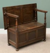 OAK MONK'S BENCH with box seat and a three fielded panelled front, 95cms H, 104cms W, 49cms D