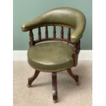 CAPTAIN'S TYPE OFFICE CHAIR, upholstered in green vinyl, on a swivel and castor base, 80cms H, 66cms