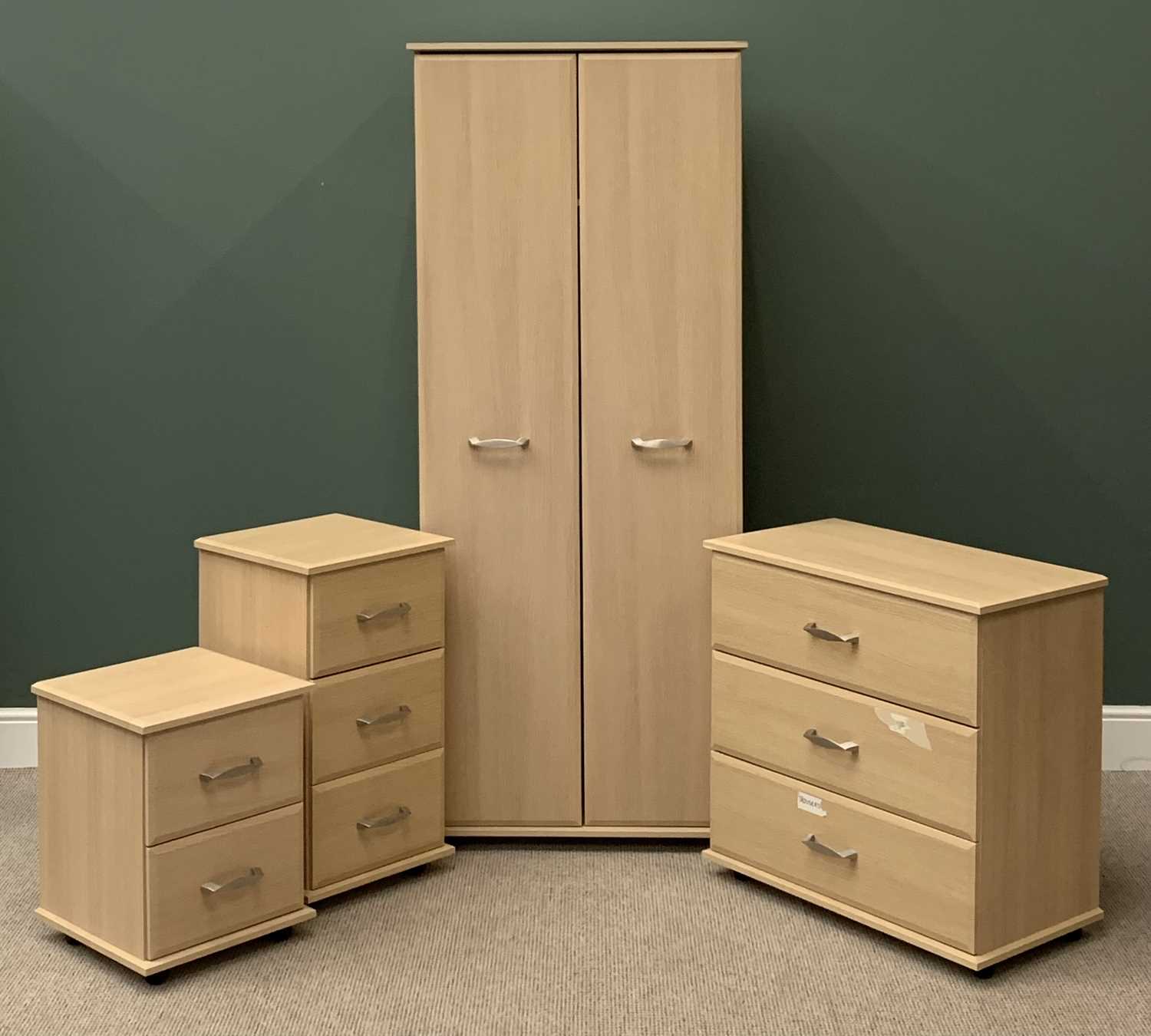 MODERN LIGHT WOOD BEDROOM FURNITURE - two door wardrobe, 189cms H, 78cms W, 56cms D and three