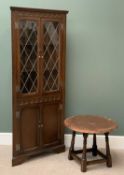 PUB TYPE CIRCULAR COPPER TOPPED TABLE, 49cms H, 60cms diameter and a floorstanding corner cupboard