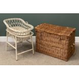 WICKER LAUNDRY OR SIMILAR BASKET, 61cms H, 91cms W, 59cms D and wicker crib and stand, 78cms H,