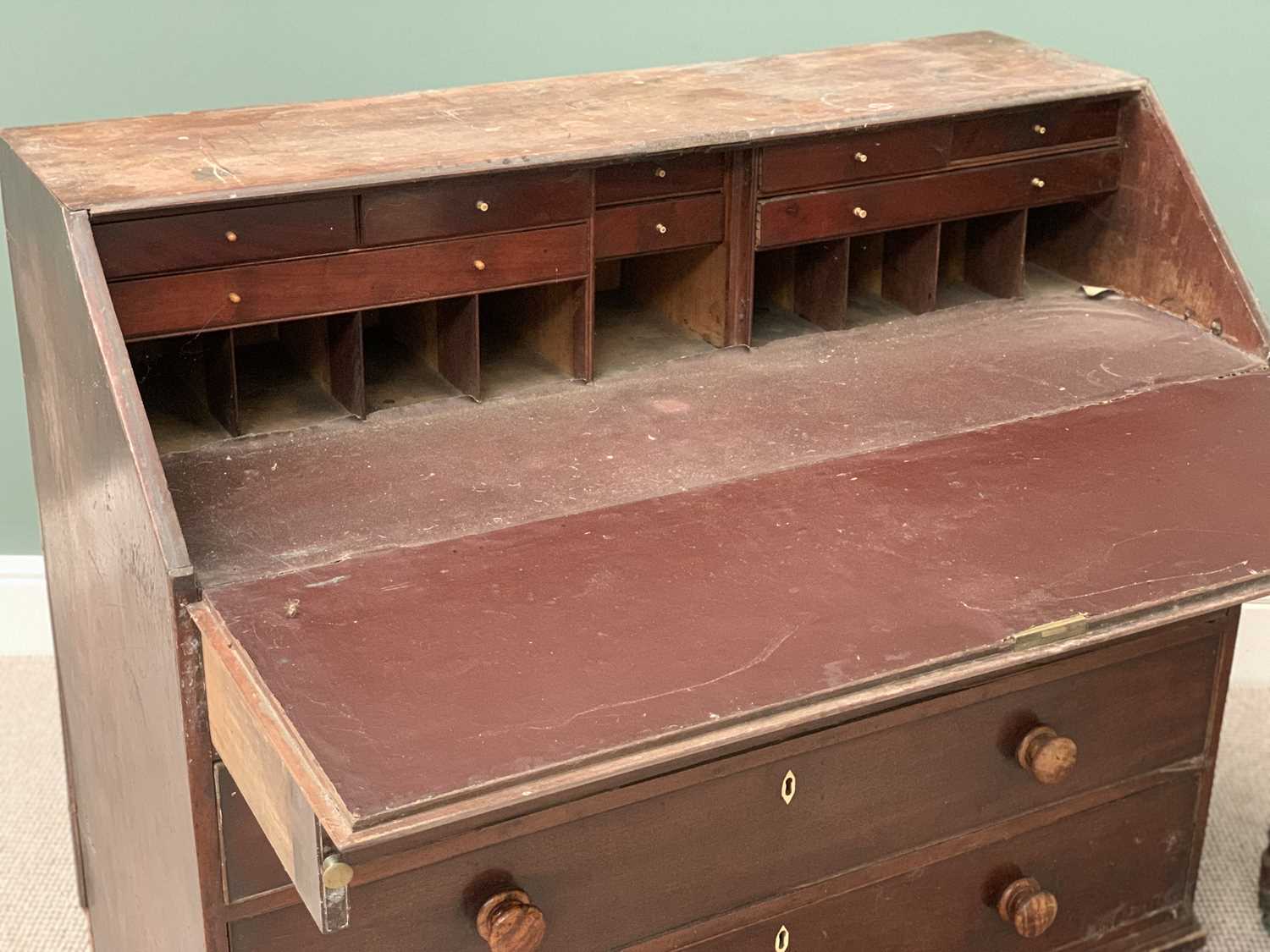GEORGIAN MAHOGANY BUREAU having two short over three long drawers, 98cms H, 115cms W, 52cms D and - Image 5 of 5
