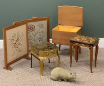 FURNISHING ASSORTMENT to include musical sewing box, vintage firescreens (2), brass footman, another