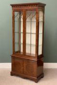 REPRODUCTION MAHOGANY NARROW DISPLAY CABINET with base cupboard doors, 186cms H, 80cms W, 40cms D