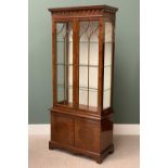 REPRODUCTION MAHOGANY NARROW DISPLAY CABINET with base cupboard doors, 186cms H, 80cms W, 40cms D