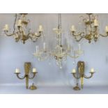CHANDELIERS - brass and glass lustre, a pair, 48 x 52cms, a five branch glass and lustre chandelier,
