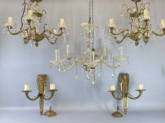 CHANDELIERS - brass and glass lustre, a pair, 48 x 52cms, a five branch glass and lustre chandelier,