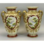 NORITAKE PAIR OF TWIN-HANDLED LANDSCAPE & GILT PAINTED VASES - 25cms tall