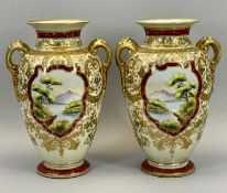 NORITAKE PAIR OF TWIN-HANDLED LANDSCAPE & GILT PAINTED VASES - 25cms tall