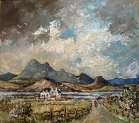 DORIS CRICHTON oil on board - white washed farmstead with Snowdonia to the background and figures on