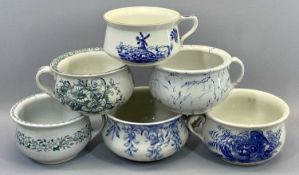 CHAMBER POTTY PLANTER POTS (6) - in various blue and white patterns, two marked examples include