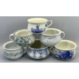 CHAMBER POTTY PLANTER POTS (6) - in various blue and white patterns, two marked examples include