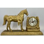 GILT SPELTER 'TRIGGER' HORSE/CLOCK OVERMANTLE FEATURE - 29 x 44 x 12cms