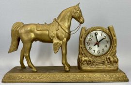 GILT SPELTER 'TRIGGER' HORSE/CLOCK OVERMANTLE FEATURE - 29 x 44 x 12cms