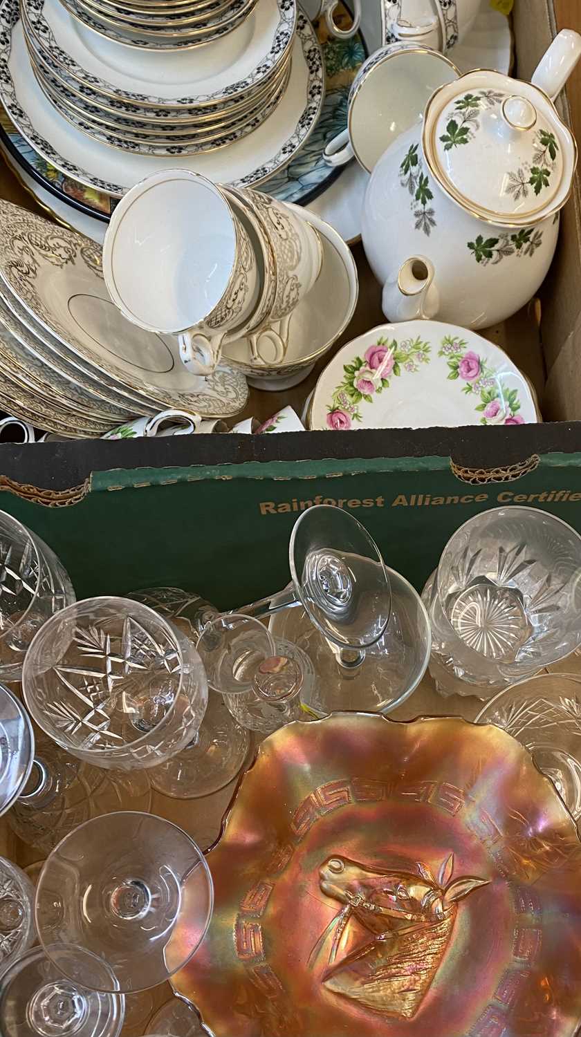 MIXED BONE CHINA TEAWARE, drinking glassware, Carnival glass bowl, ETC, the teaware includes a 21