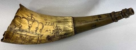 1783 DATED SCRIMSHAW WORK HORN - carved with Imperial Eagle, Heraldic flag, huntsman and dog, twin