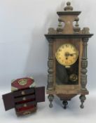 VICTORIAN WALNUT CASED PENDULUM WALL CLOCK and a 20th Century Chinese jewellery cabinet, 70cms H,