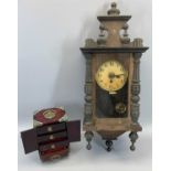 VICTORIAN WALNUT CASED PENDULUM WALL CLOCK and a 20th Century Chinese jewellery cabinet, 70cms H,