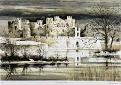 FALCON D HILDRED coloured limited edition print (7/150) - Caerphilly Castle, signed, blind stamped