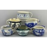 CHAMBER POTTY PLANTER POTS (6) - in various blue and white patterns, all bearing back stamps