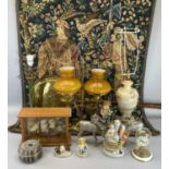 DECORATIVE TABLE LAMPS, wall hanging tapestry, long handled brass warming pan, wooden cased model of