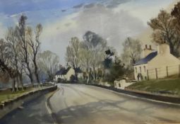 JOHN H NICHOLSON watercolour - white washed houses along a tree lined country lane, signed, 33 x