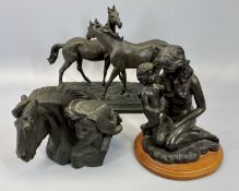 COMPOSITION MODELS - bronze effect, depiction of horses on an oblong plinth, 25 x 24 x 15cms and two