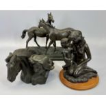COMPOSITION MODELS - bronze effect, depiction of horses on an oblong plinth, 25 x 24 x 15cms and two