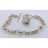 A 925 SILVER BALL & DOUBLE LINK BRACELET - with T bar and plain heart shaped pendant, 23.5grms,