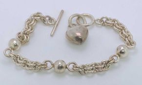 A 925 SILVER BALL & DOUBLE LINK BRACELET - with T bar and plain heart shaped pendant, 23.5grms,