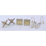 SILVER/WHITE METAL EARRINGS, THREE PAIRS - 1. a pair of star shaped, each with a centre amber