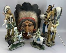 COMPOSITION AMERICAN INDIAN STANDING FIGURINES (3), two further on horseback and a carved wooden