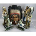 COMPOSITION AMERICAN INDIAN STANDING FIGURINES (3), two further on horseback and a carved wooden