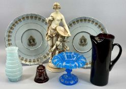 DECORATIVE GLASSWARE and a porcelain figurine and two 33cms diameter 1977 Jubilee commemorative