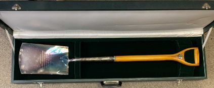 SILVER PLATED PRESENTATION SPADE - in original case, inscribed to the front 'Hamilton Oil Company