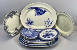 MIXED BLUE & WHITE PATTERN MEAT PLATTERS & PLATES - 12 pieces to include a large oval example with